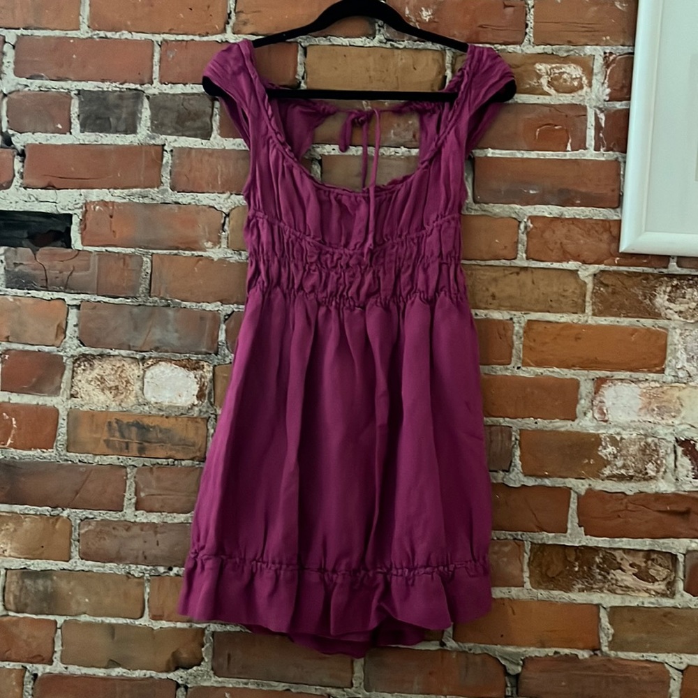 Anthropologie Raspberry ruched linen peasant mini dress, size XS